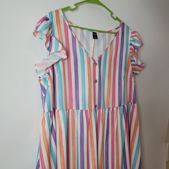 Striped Multi-Color Ruffle Sleeve V-Neck Button Front Swing Dress 3XL By Emery R - Picture 3 of 4